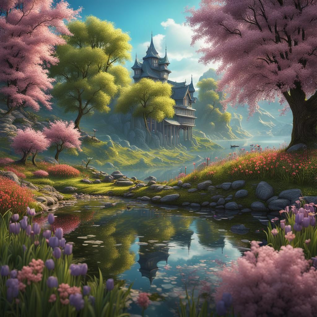 Spring Near Lake: Detailed Matte Painting