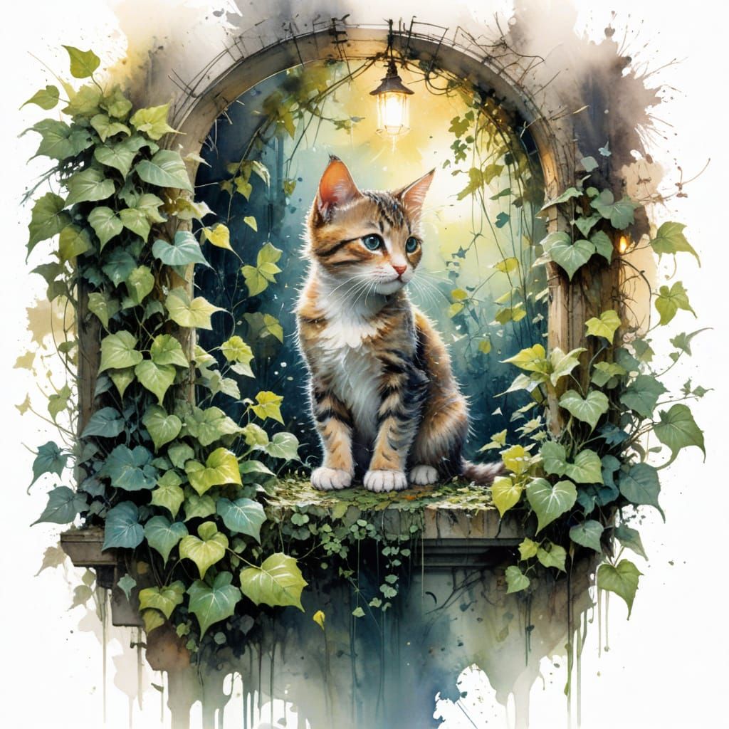 Whimsical Kitten in a Moonlit Urban Oasis