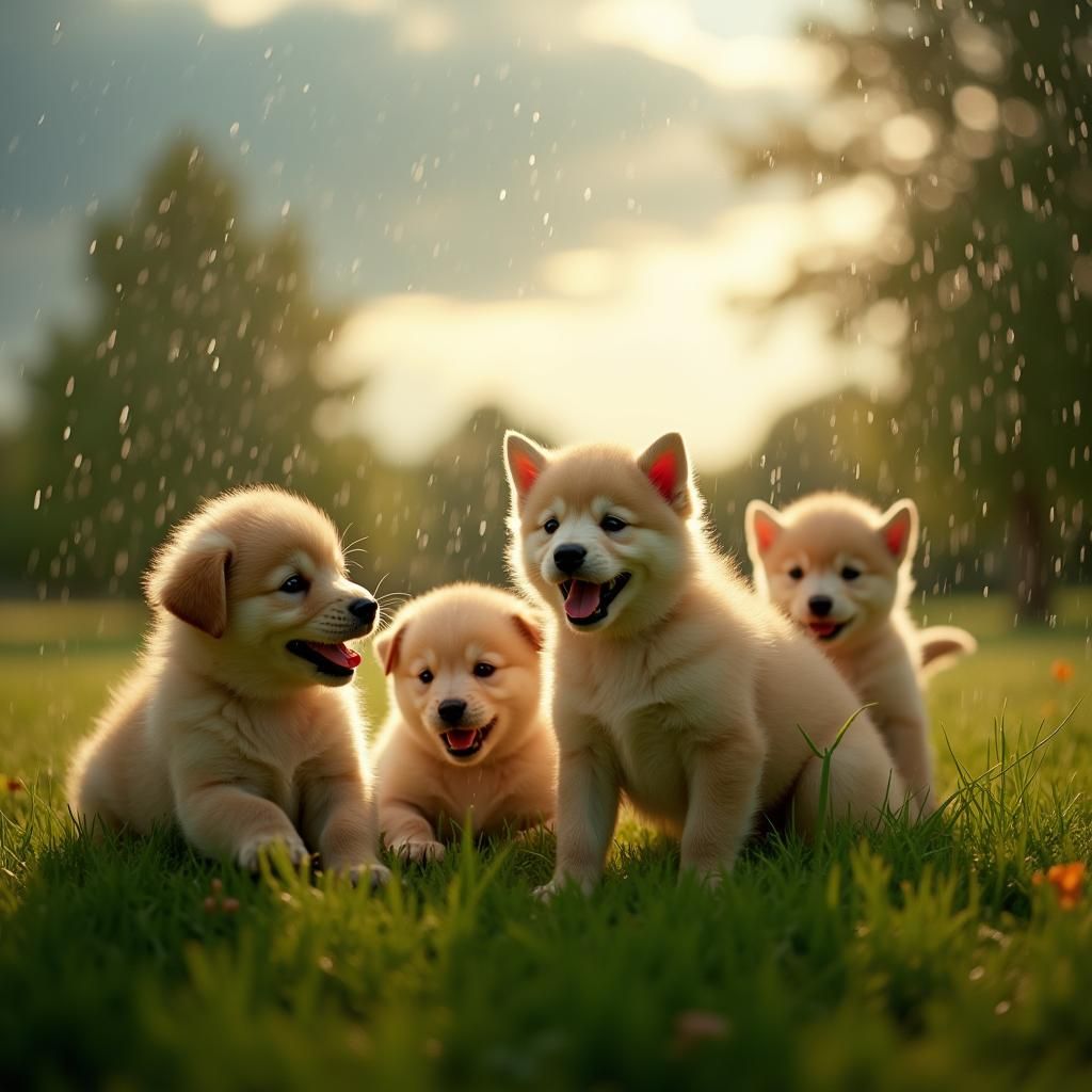 Puppies and Kittens Playing in Spring Rain