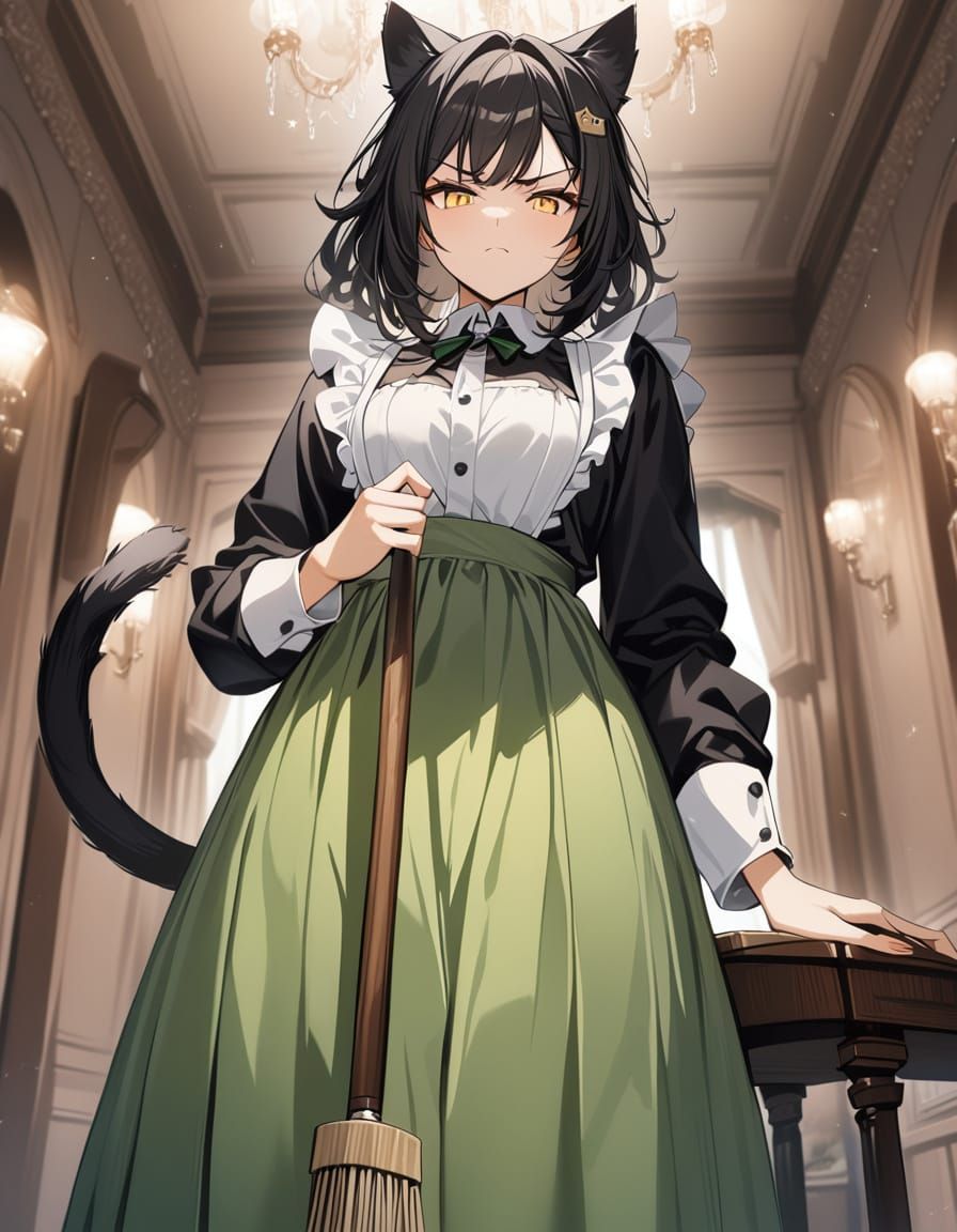 Annoyed Cat-Girl Maid with Broom in Mansion