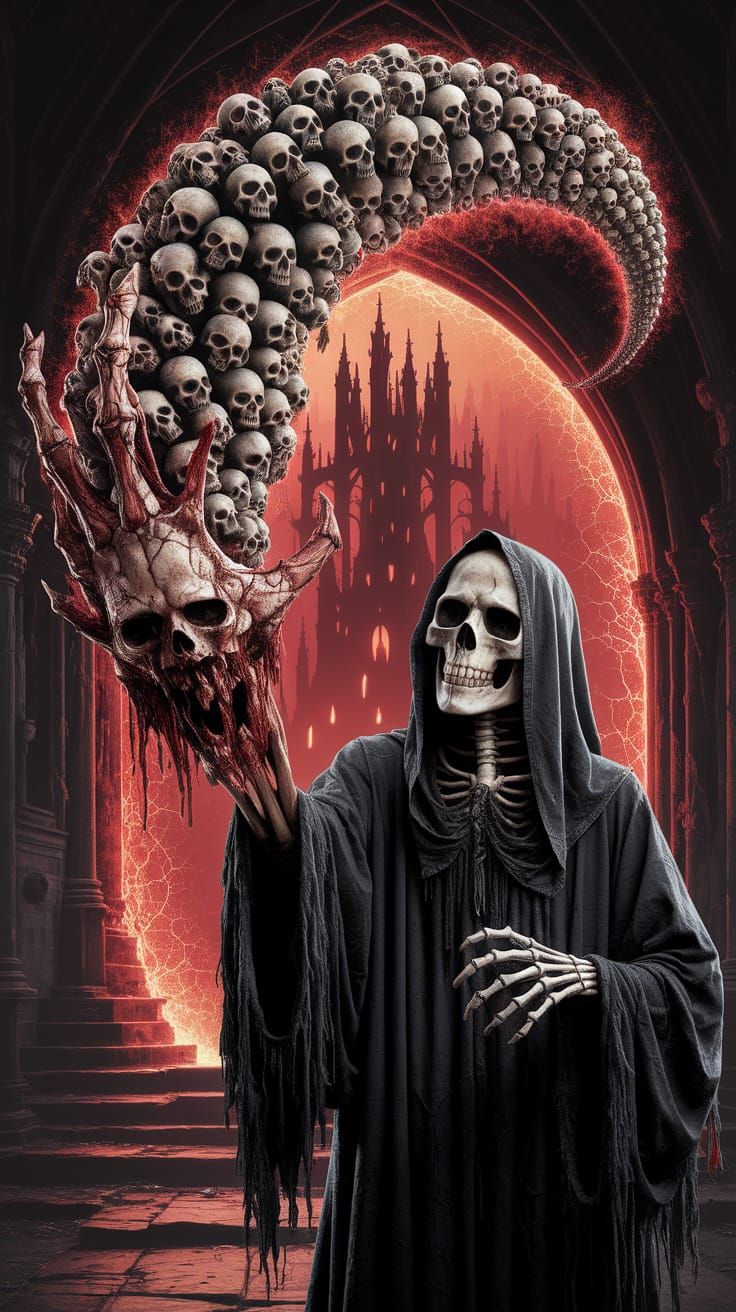 Nightmarish Grim Reaper Emerging from Shadows in Dark Fantas...