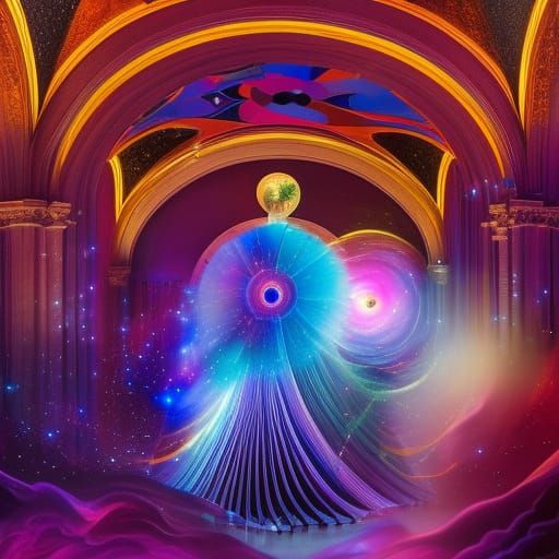 Surreal Violinist in Stormy Church with Cosmic Bubbles