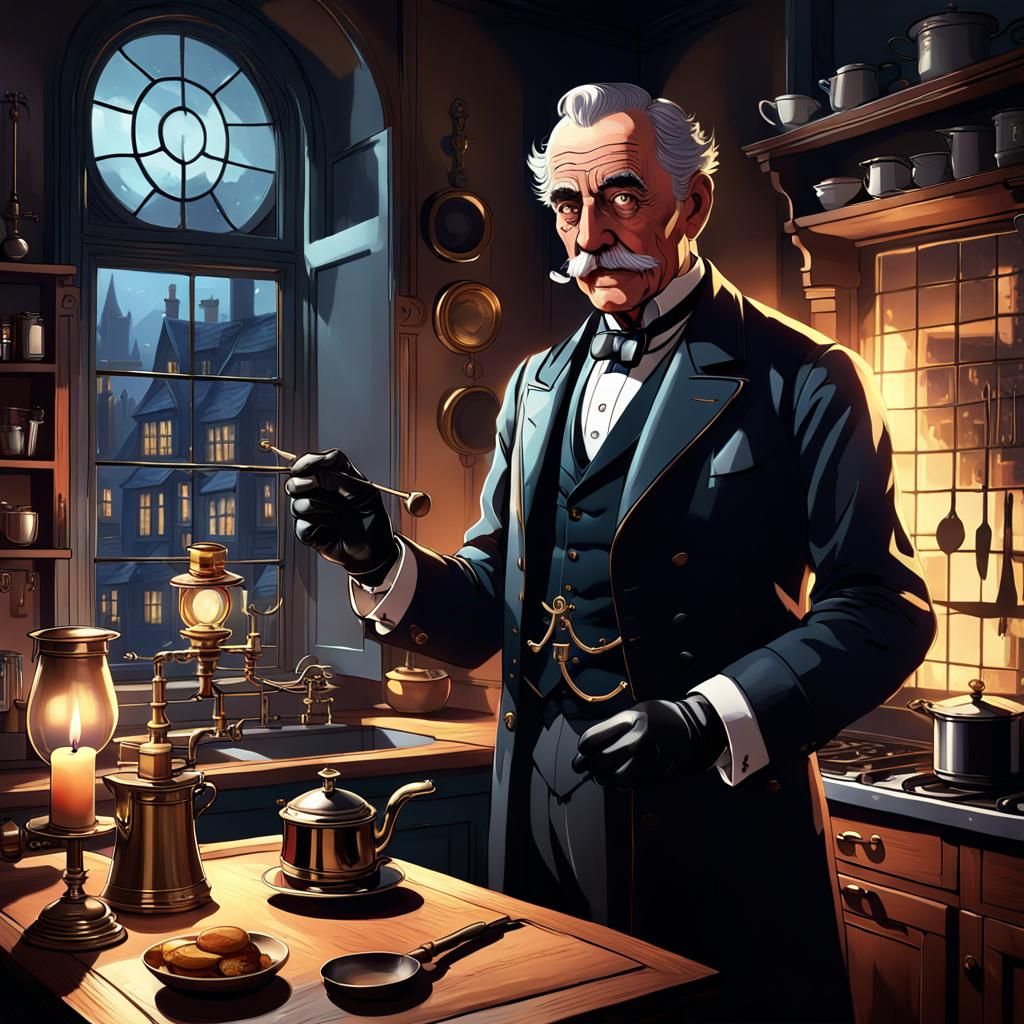 Noir Butler Gumshoe Detective in 1940s Kitchen