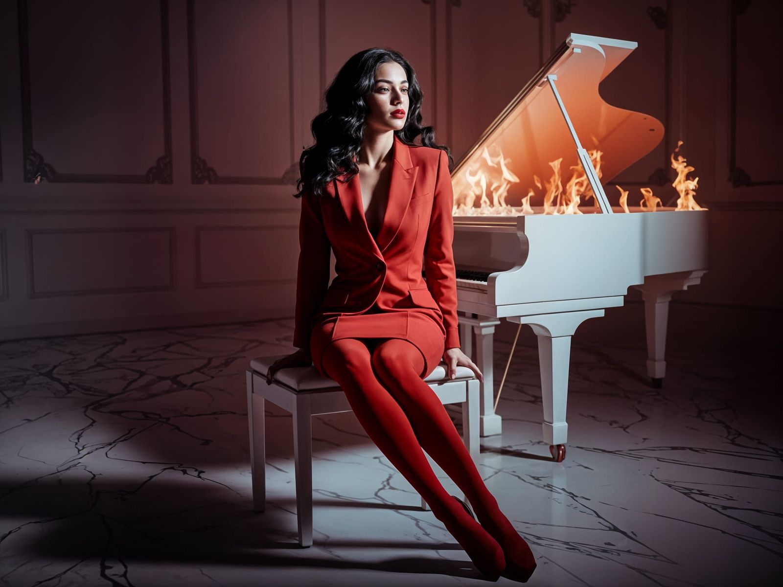 Woman in Red at Burning Piano: Shadowplay Photograph