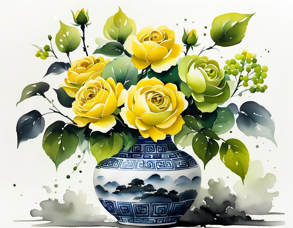 Yellow Roses and Hydrangea Bouquet in Ink Painting