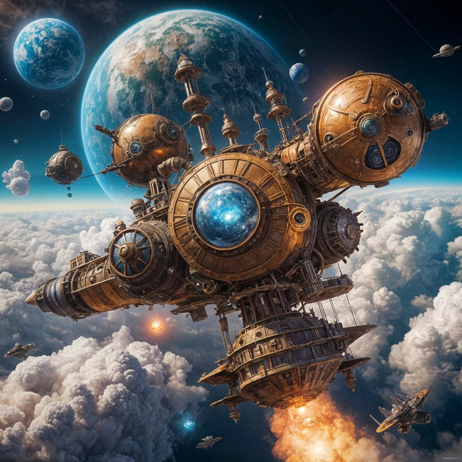 Steampunk Spaceship Blazes Through Cosmic Nebula