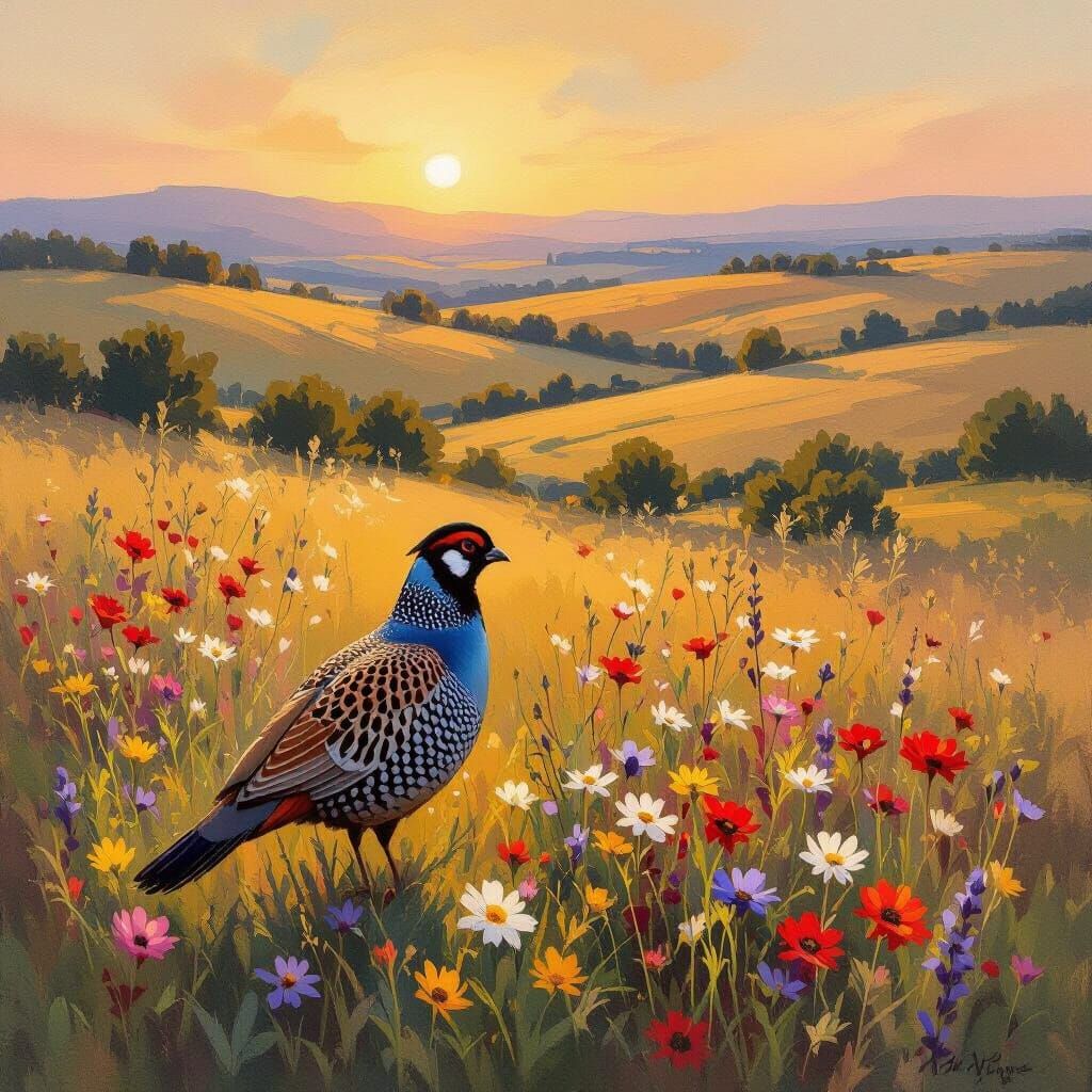Golden Hour Serenity: Partridge in Wildflower Field