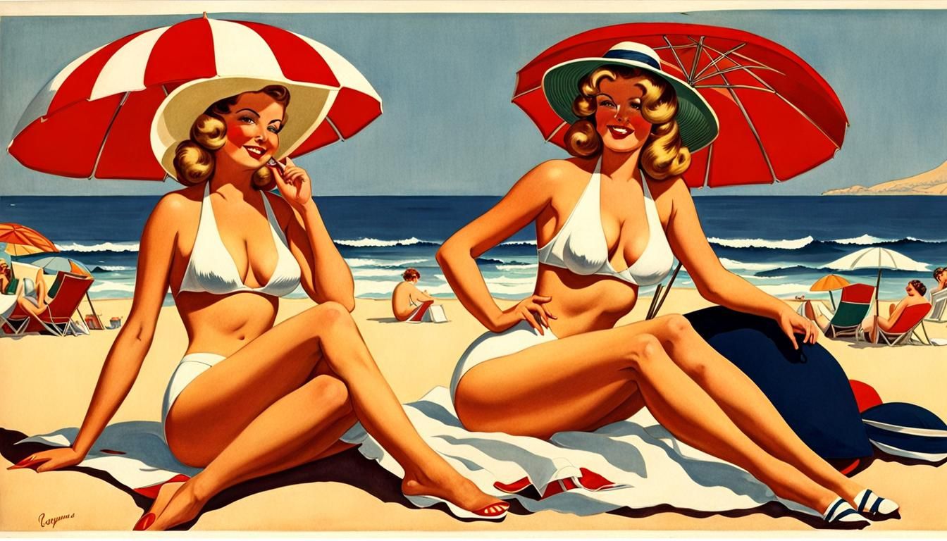 Vintage Seaside Postcard with Beach Umbrella