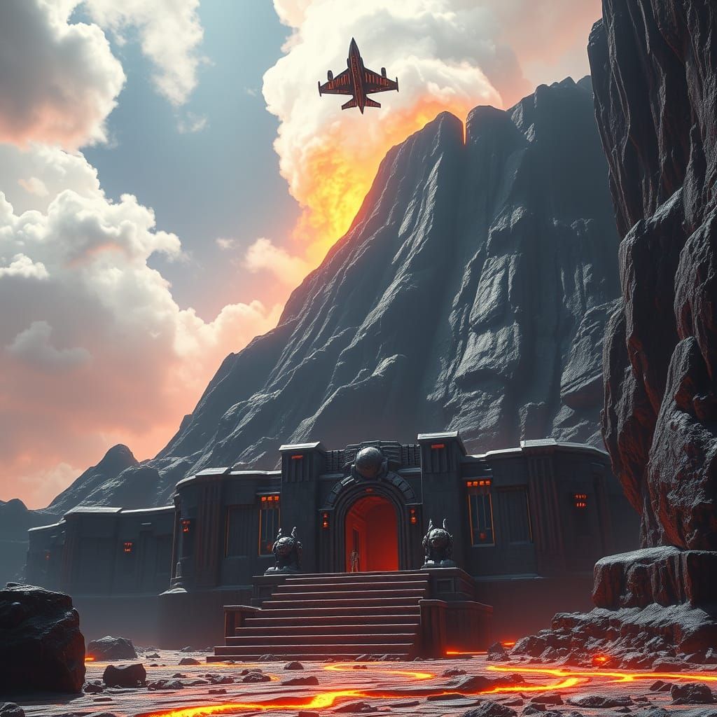 Obsidian Data Fortress Inside Volcano, Guarded by Robots