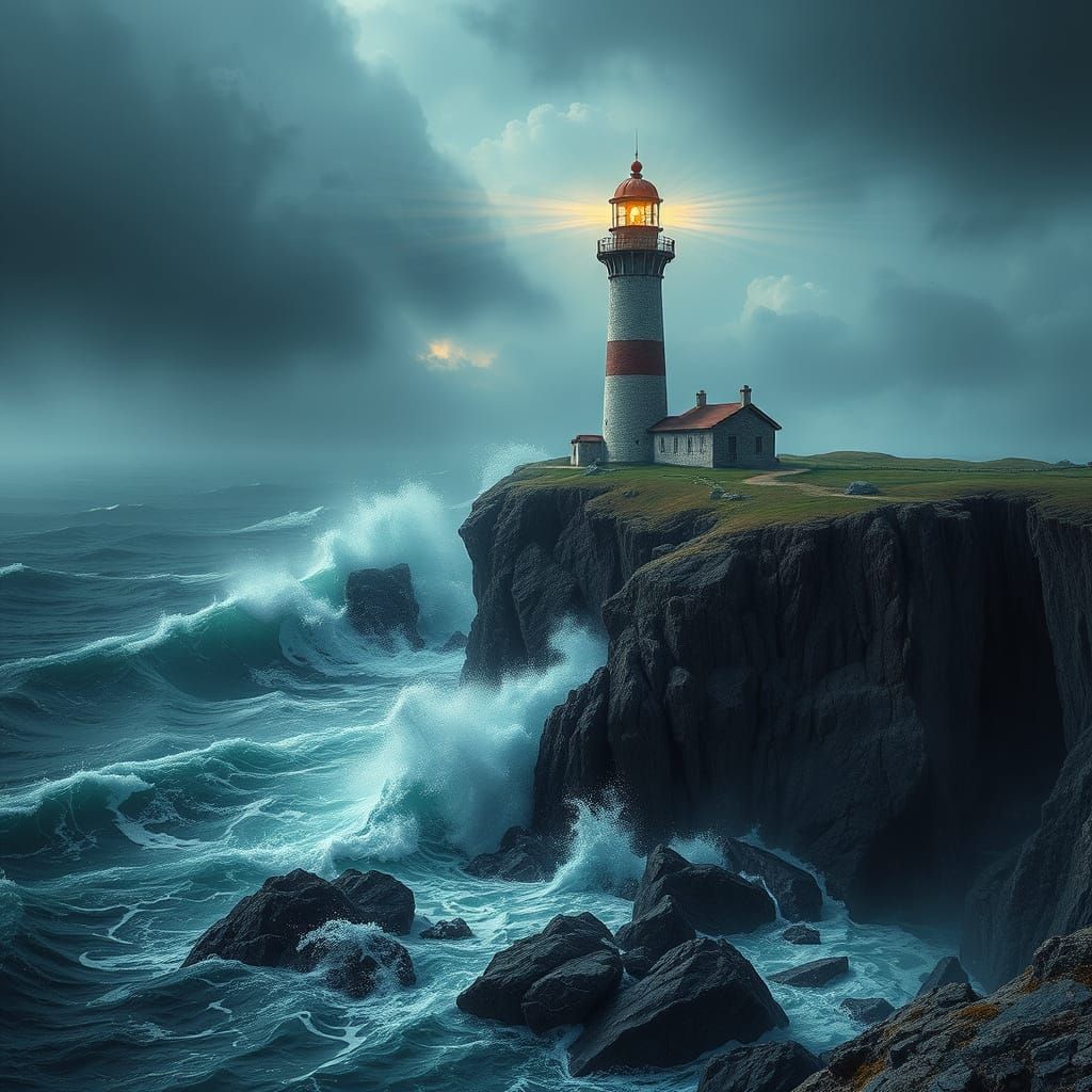 Lighthouse in Storm, Matte Painting Style