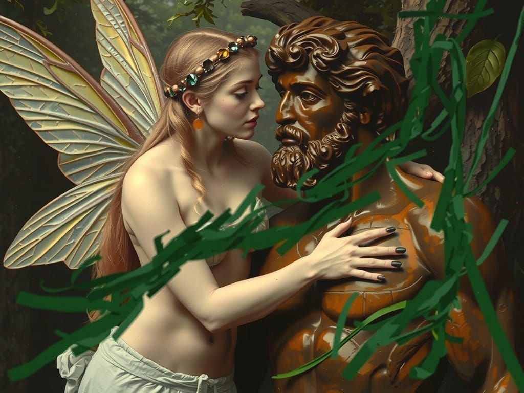 Ethereal Fairy Woman and Adonis Statue in Misty Forest