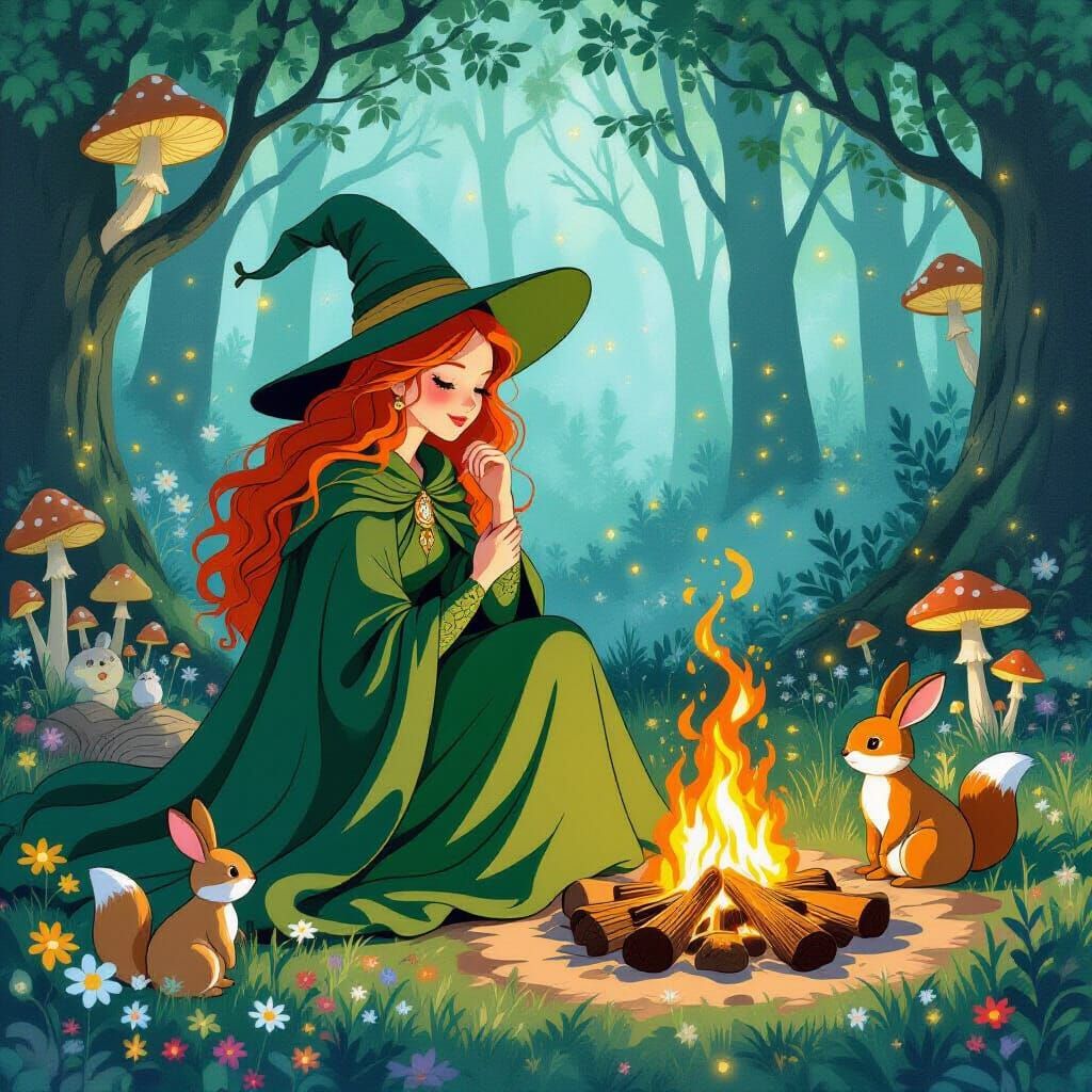 Enchanting Witch by Campfire, in Art Nouveau Style