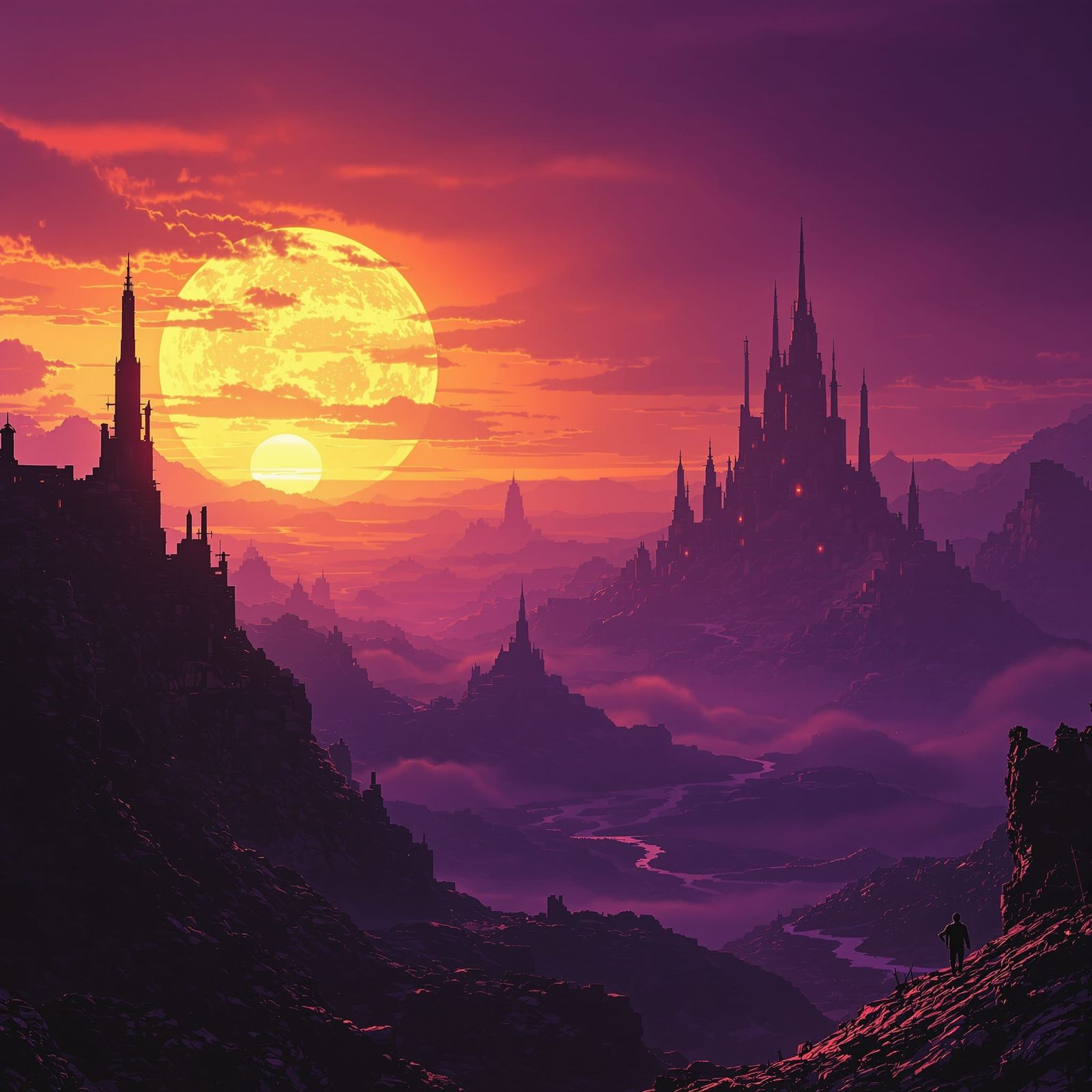 Alien Skyline with Twin Suns: Dark Science Fantasy Art