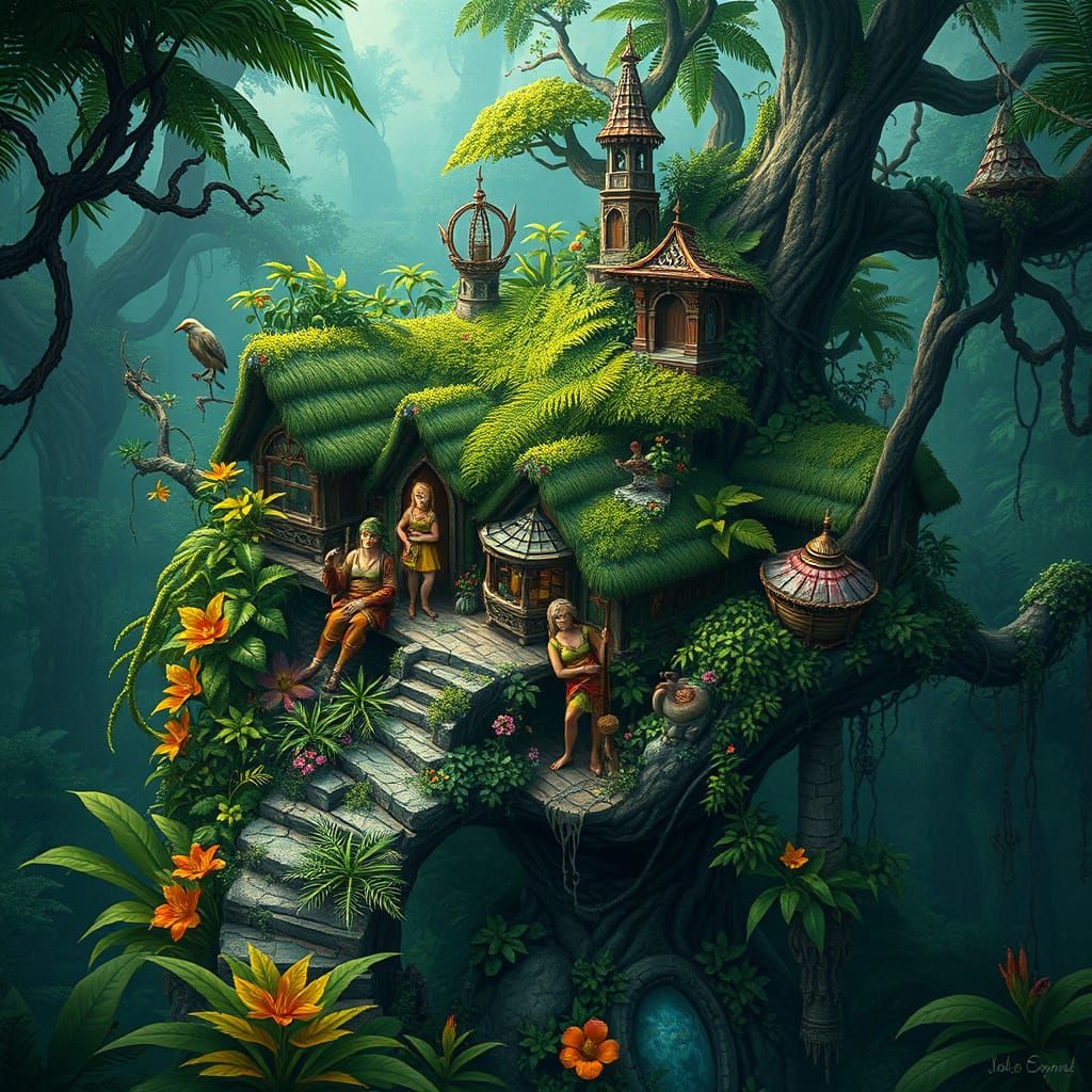 Misty Treetop Village in Lush Jungle Setting