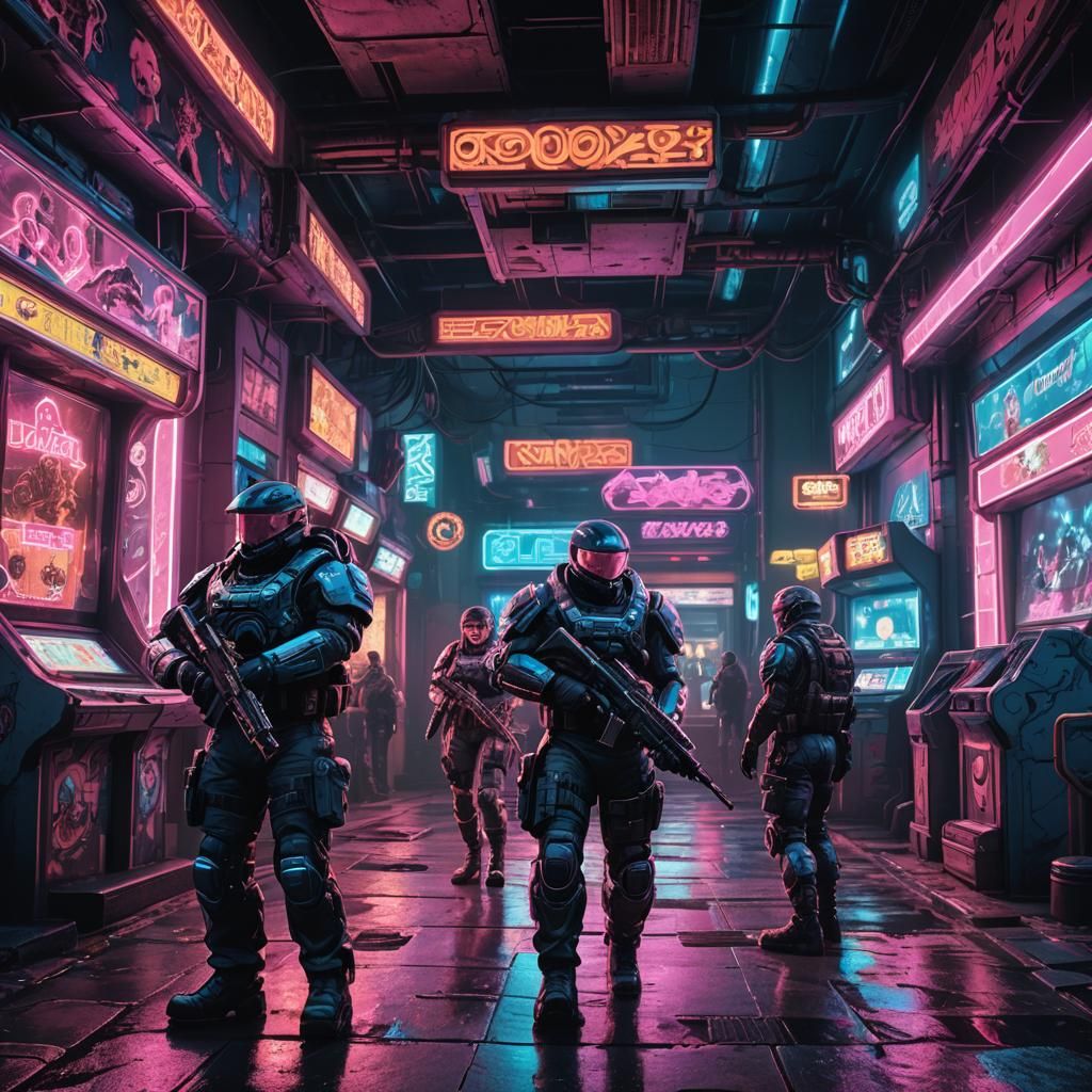 Cyberpunk Soldiers in Retro Arcade at Night