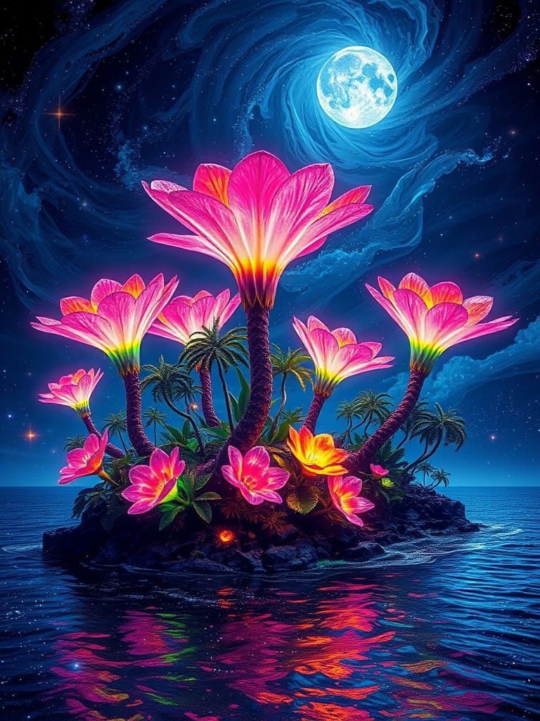 Bioluminescent Flowers on a Moonlit Beach
