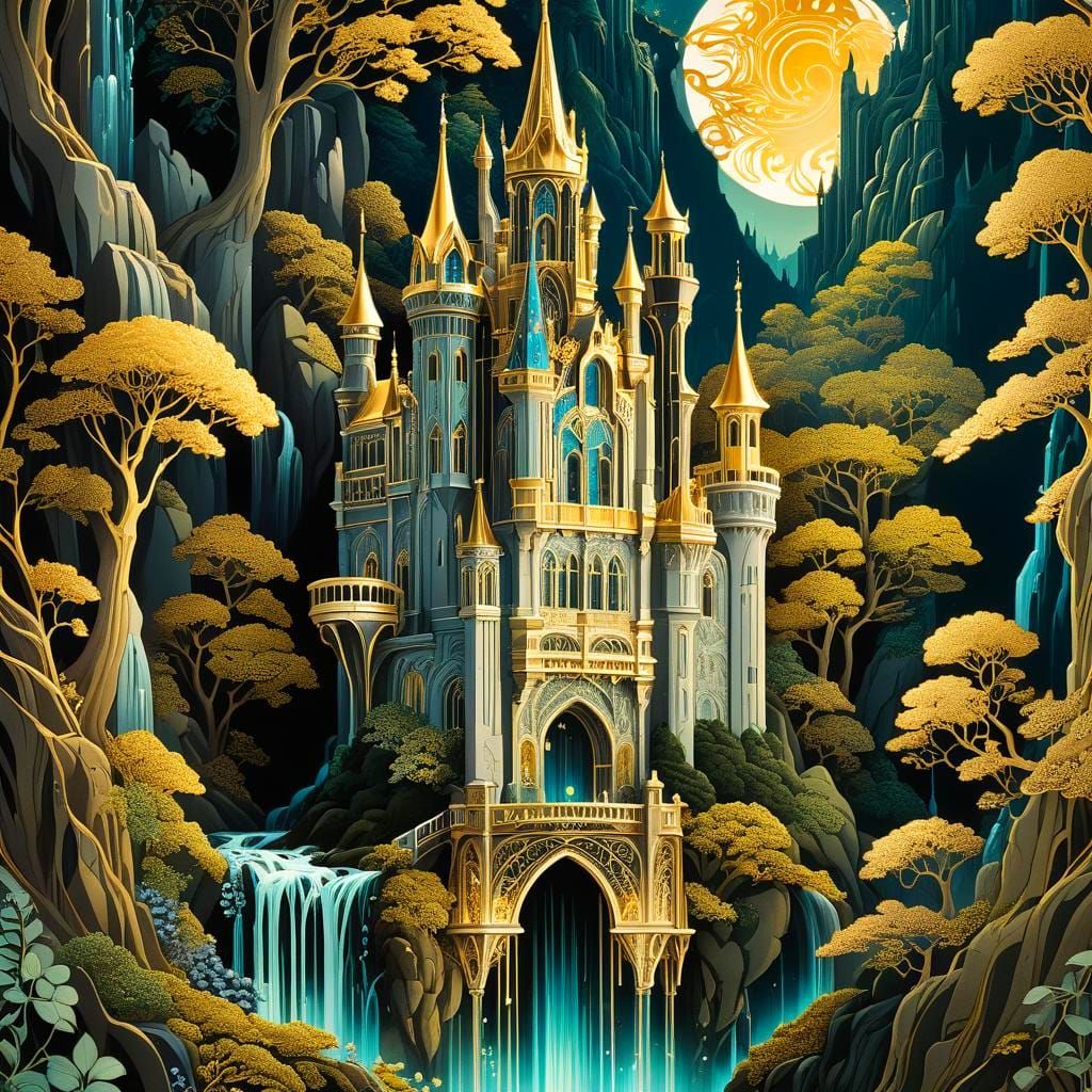 Elven Castle at Bioluminescent Waterfall in Gothic Rococo St...
