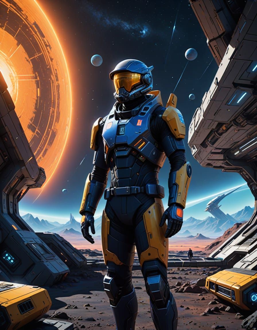 Taiwanese Man in Futuristic Space Suit, Holding High-Tech To...