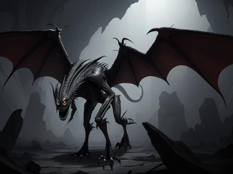 Winged Alien Creature in Ruined Temple Cave