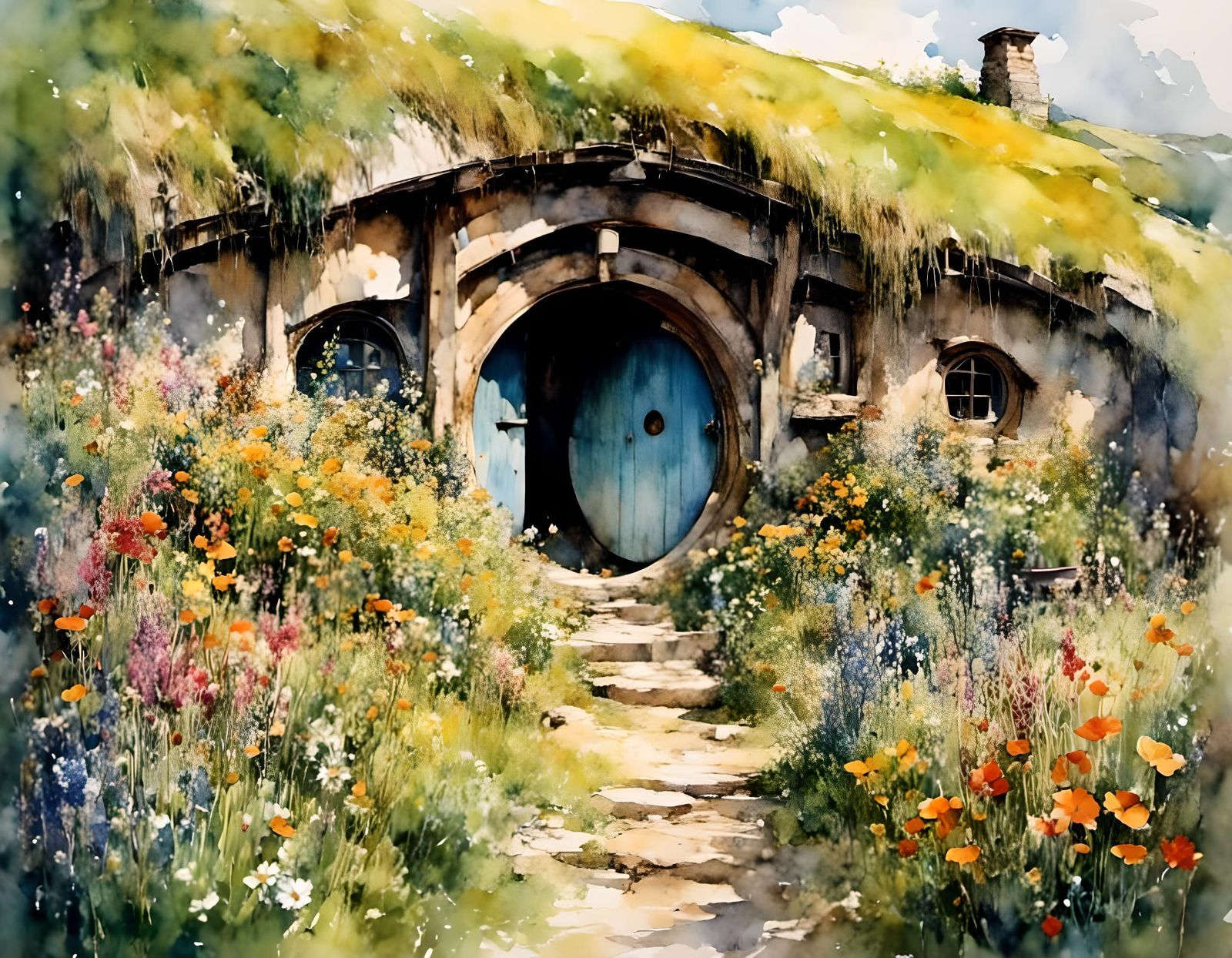 Rainbow Wildflowers Surround Serene Hobbit Hole
