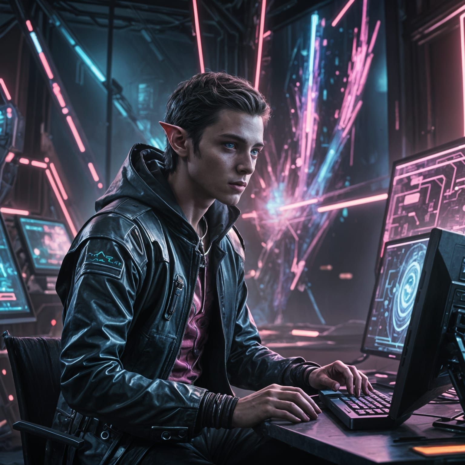 Elf Hacker Technomancer in Neon Noir Cyberpunk Lair