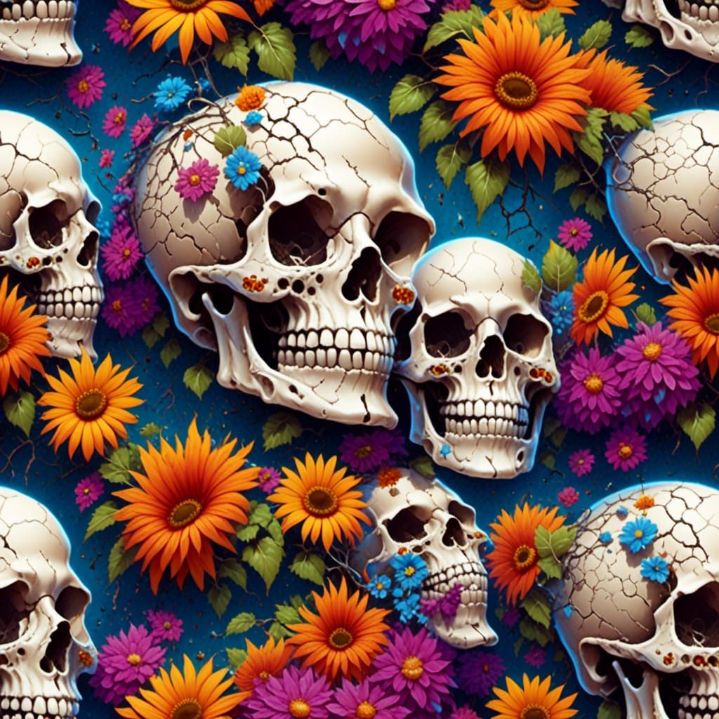 Vibrant Flowers Bloom from Cracked Skull: Hyperrealistic Art