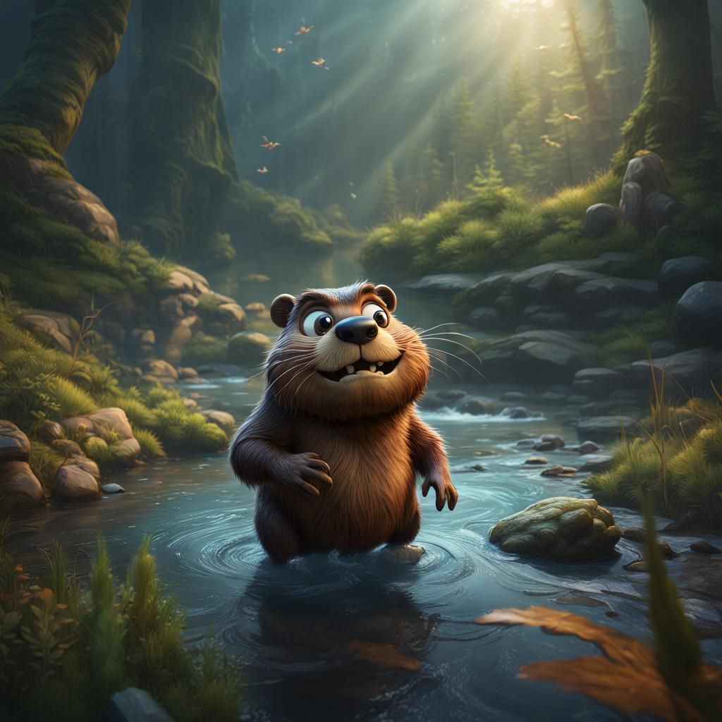 Pixar Beaver in River: Detailed Digital Art