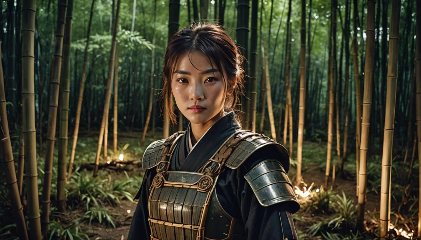 Japanese Woman in Bamboo Forest at Night