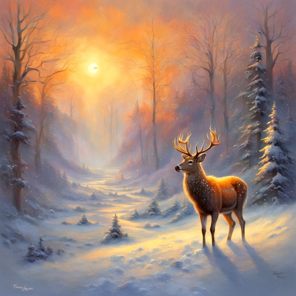 Opalescent Deer in Snowy Sunset Landscape