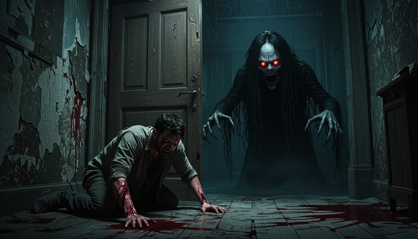 Horrifying Ghostly Figure in Decaying Room, Hyper-Realism