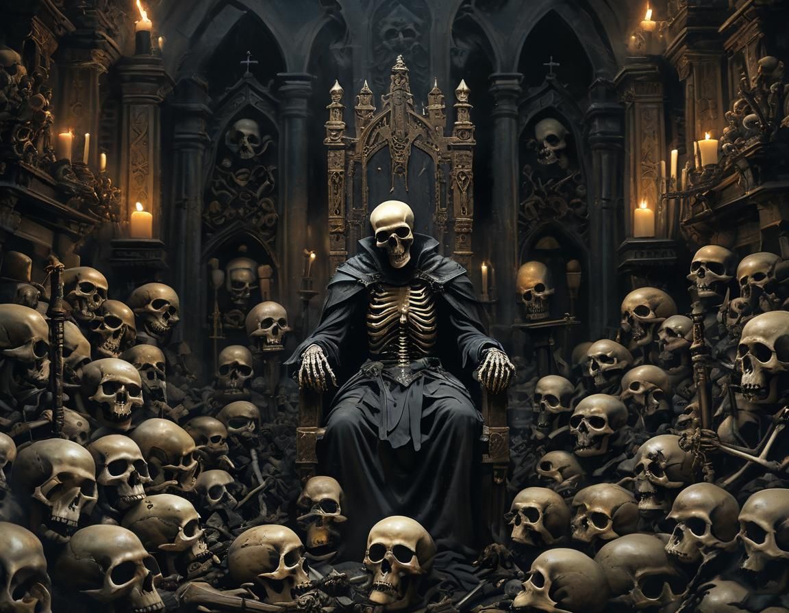 Bones Collector in Eerie Chamber: Dark Fantasy Art