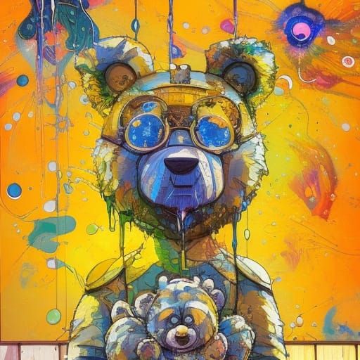 Cute Teddy Bear in Marbled Oil Gouache Illustration