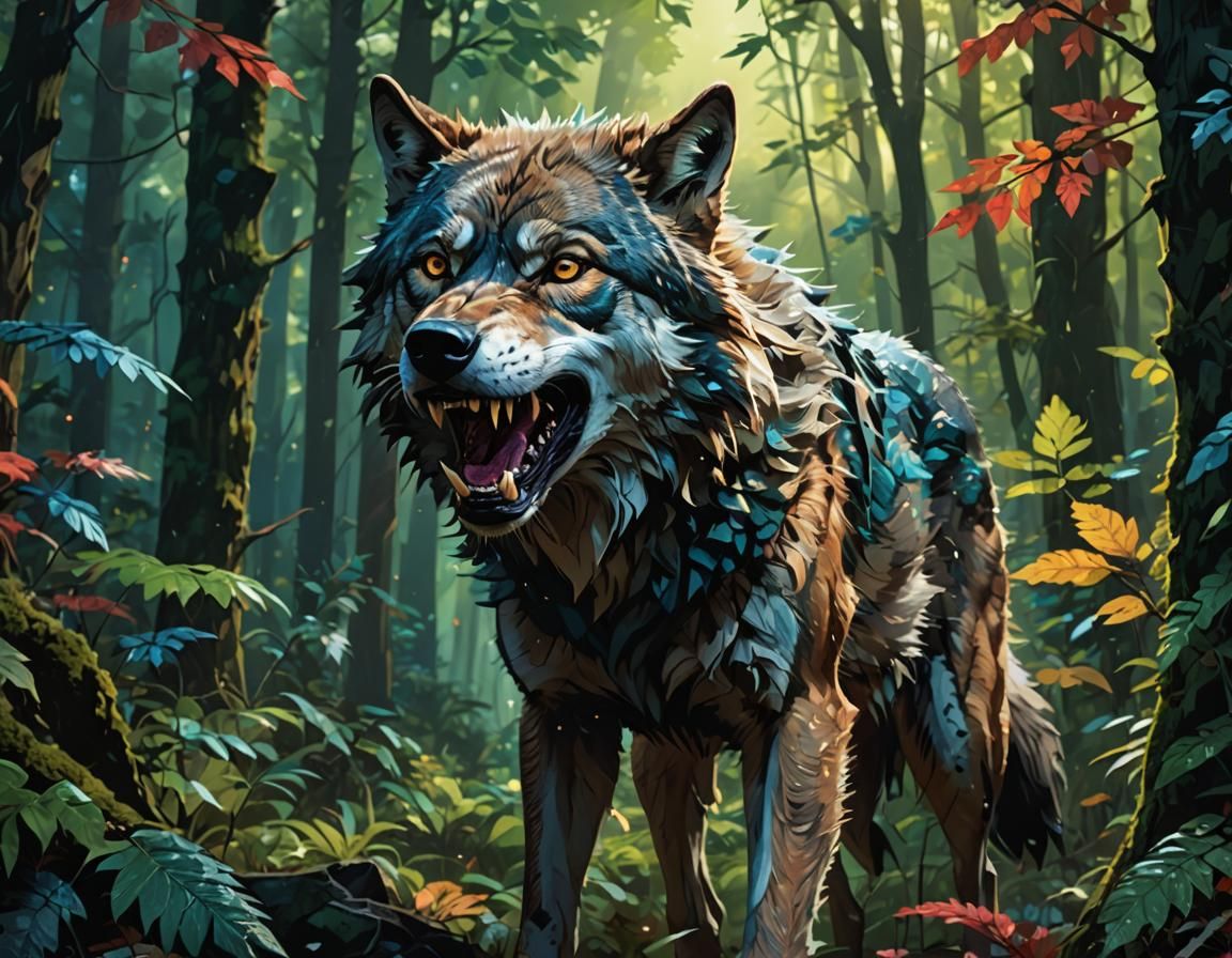 Hyper-Realistic Wolf in Forest Splash Art