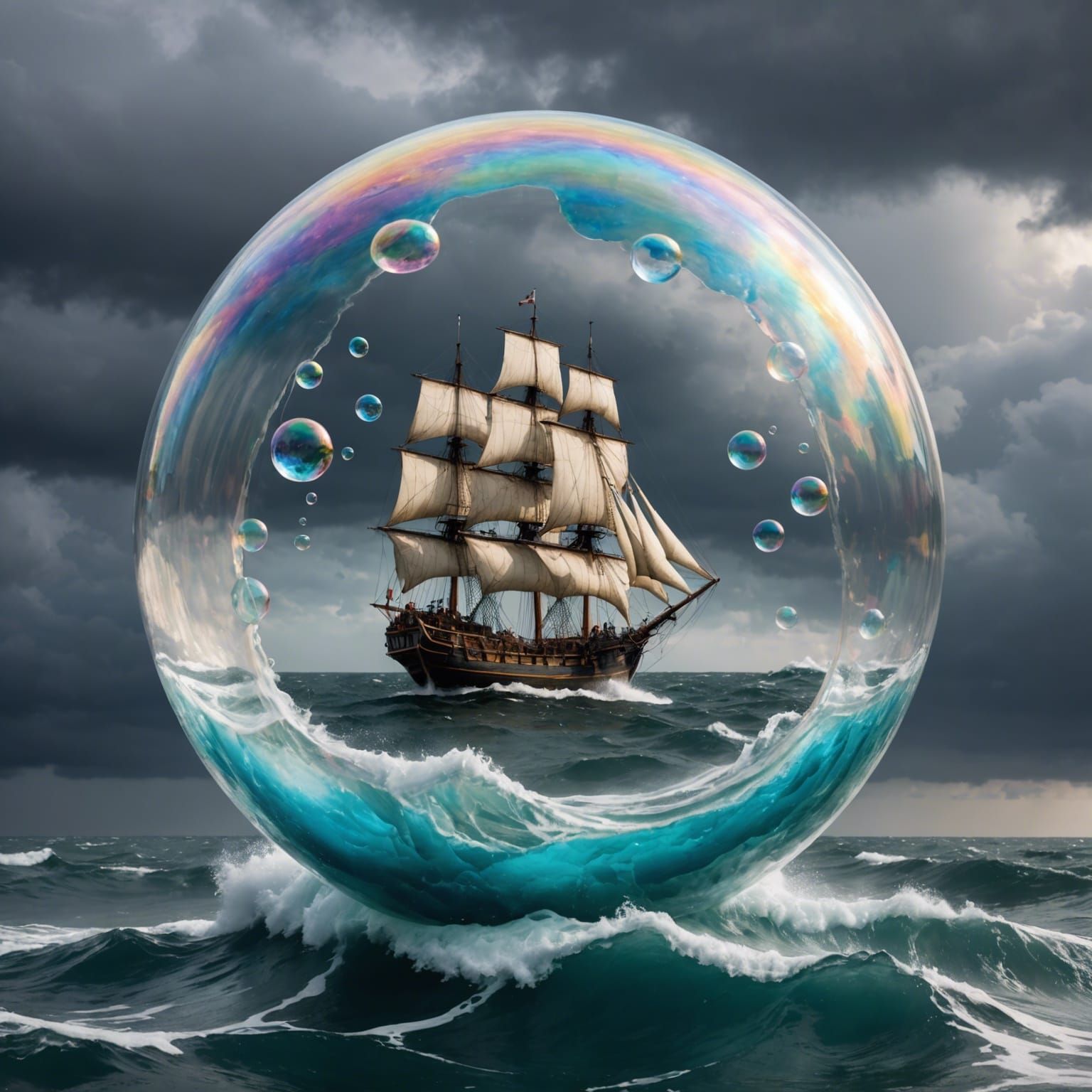 Soap Bubble Ship Sailing Stormy Seas