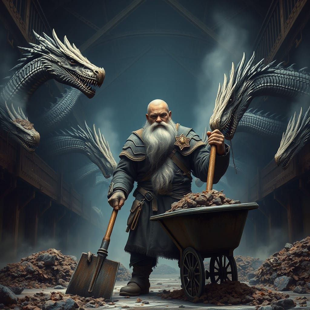 Fantasy Dwarf Amidst Majestic Dragon Stables