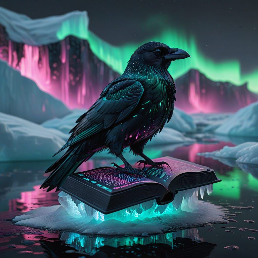 A Raven Rewrites Reality in a Cyberpunk Arctic Landscape