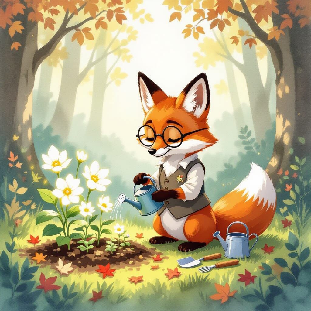 Anthropomorphic Fox Tends Moonflower Garden in Watercolor St...