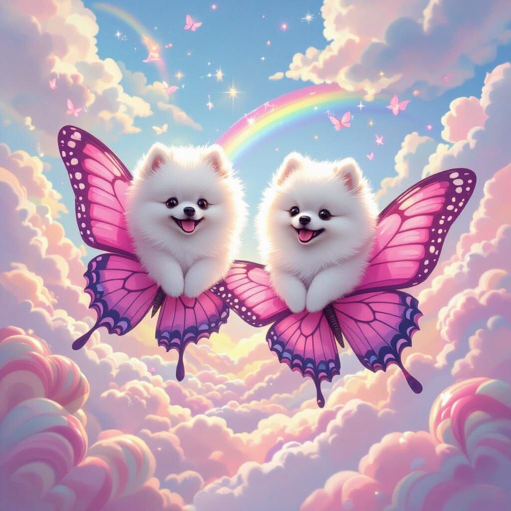 Fluffy Pomeranians Riding Pink Butterflies in Candyland Sky