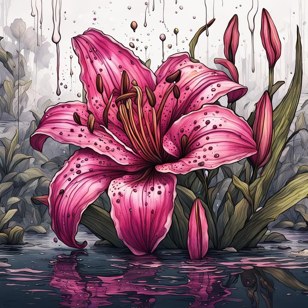 Pink Tiger Lily Ink Drawing in Deep Color