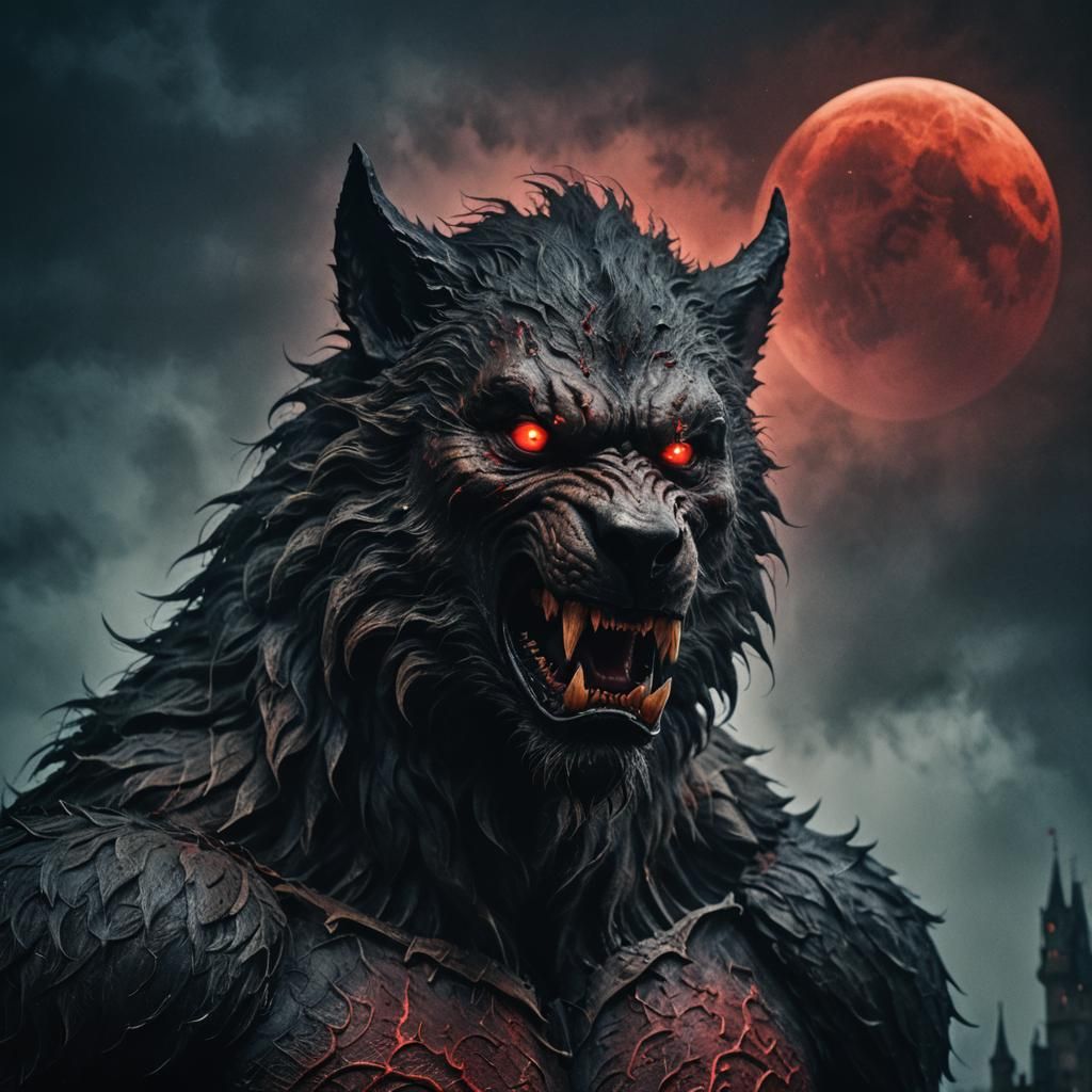 Werewolf Howling at Blood Moon, Cinematic Portrait