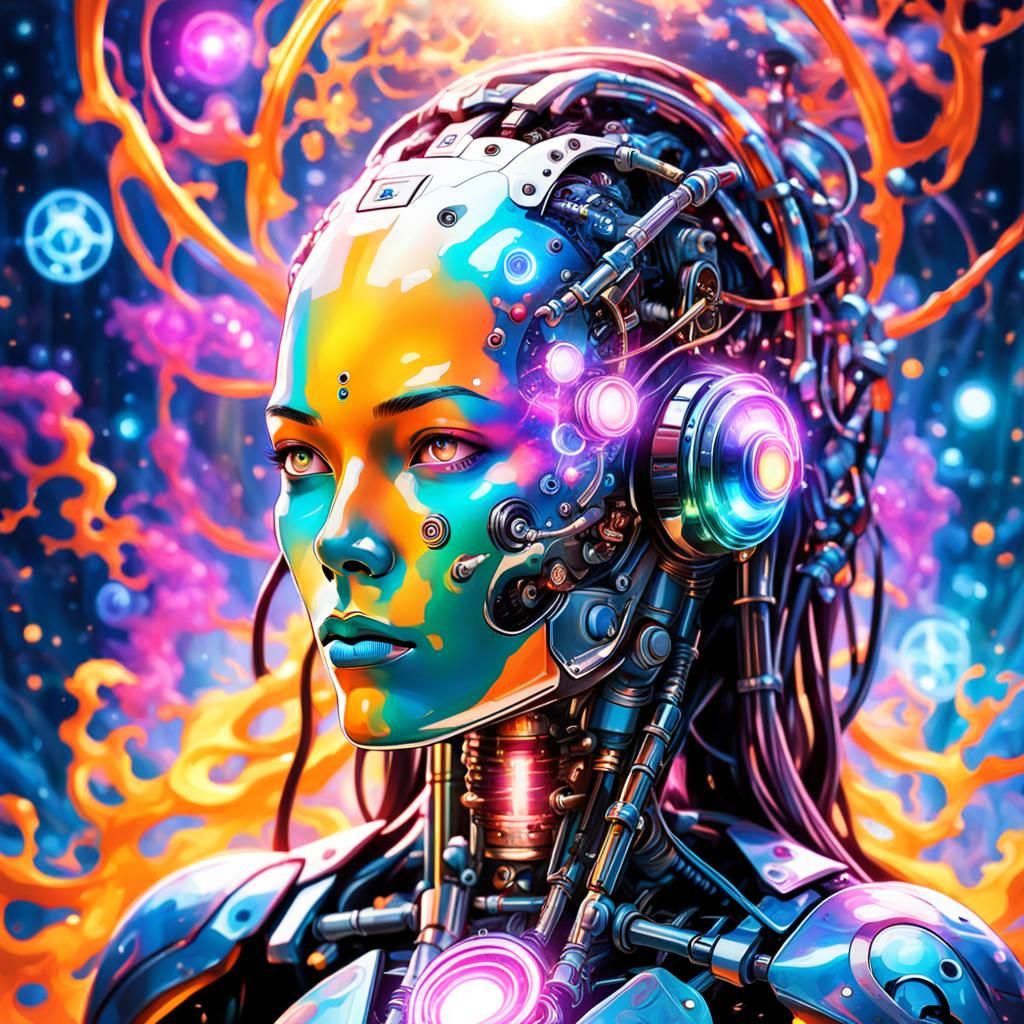 Cyborg Recharging in Psychedelic Energy Chamber