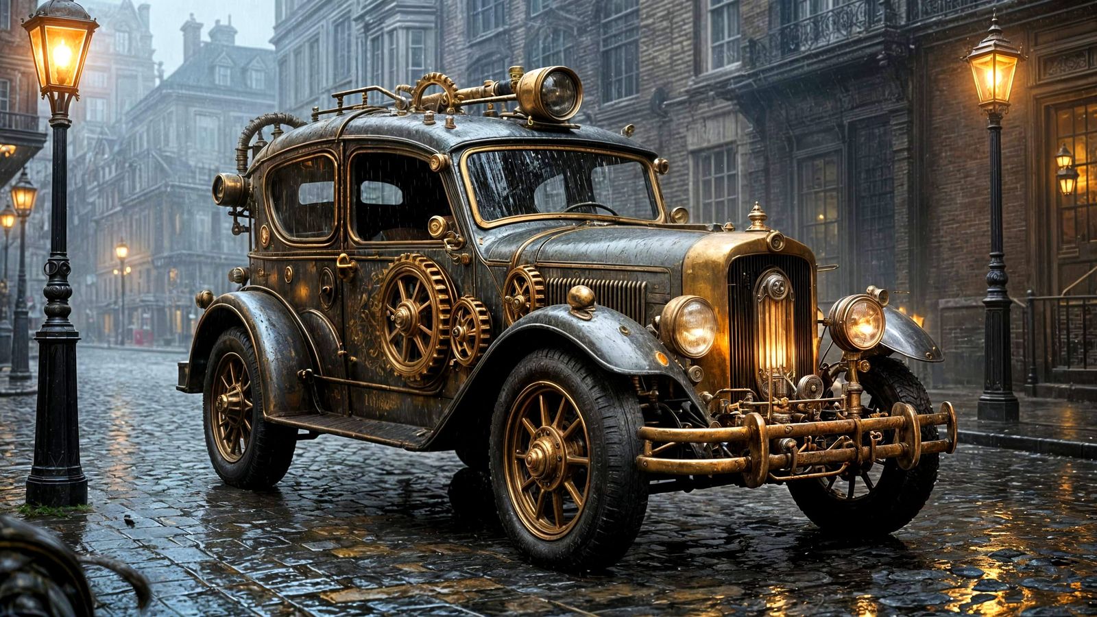 Steampunk Car in Foggy Victorian City