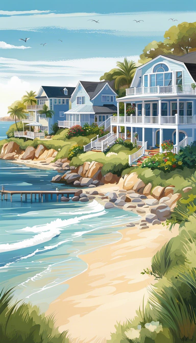 Luxurious Beach Houses on Serene Coastline: Digital Art