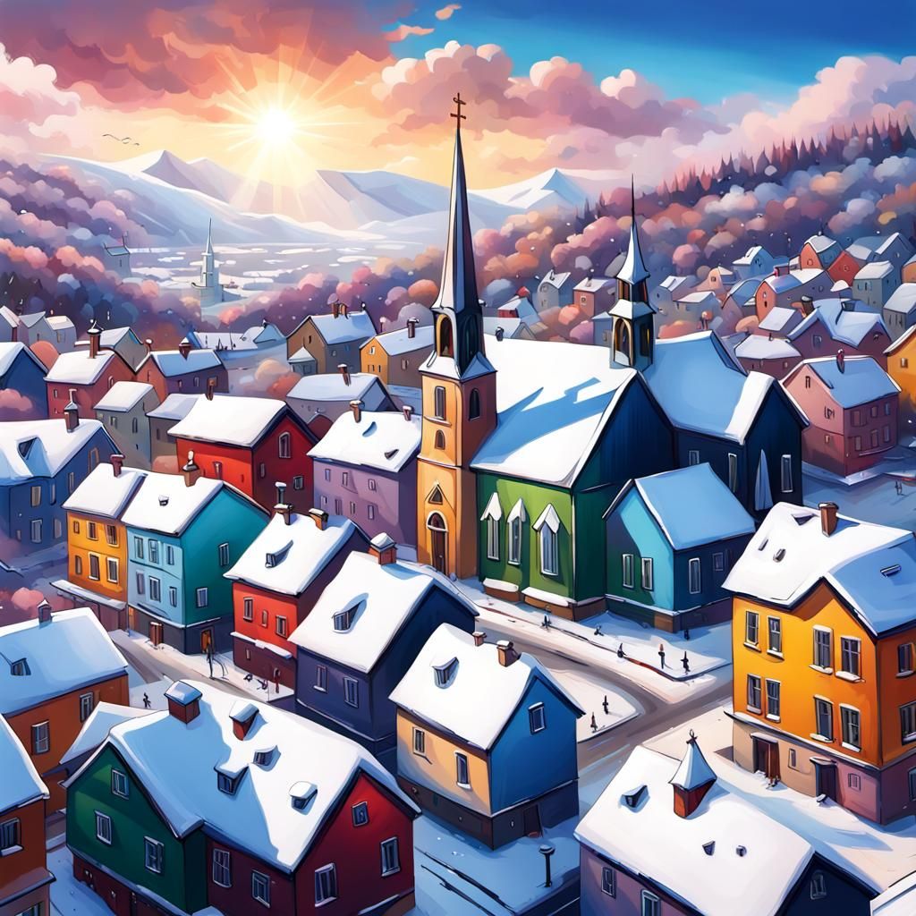 Colorful Winter Village Panorama in Hyperrealistic Style