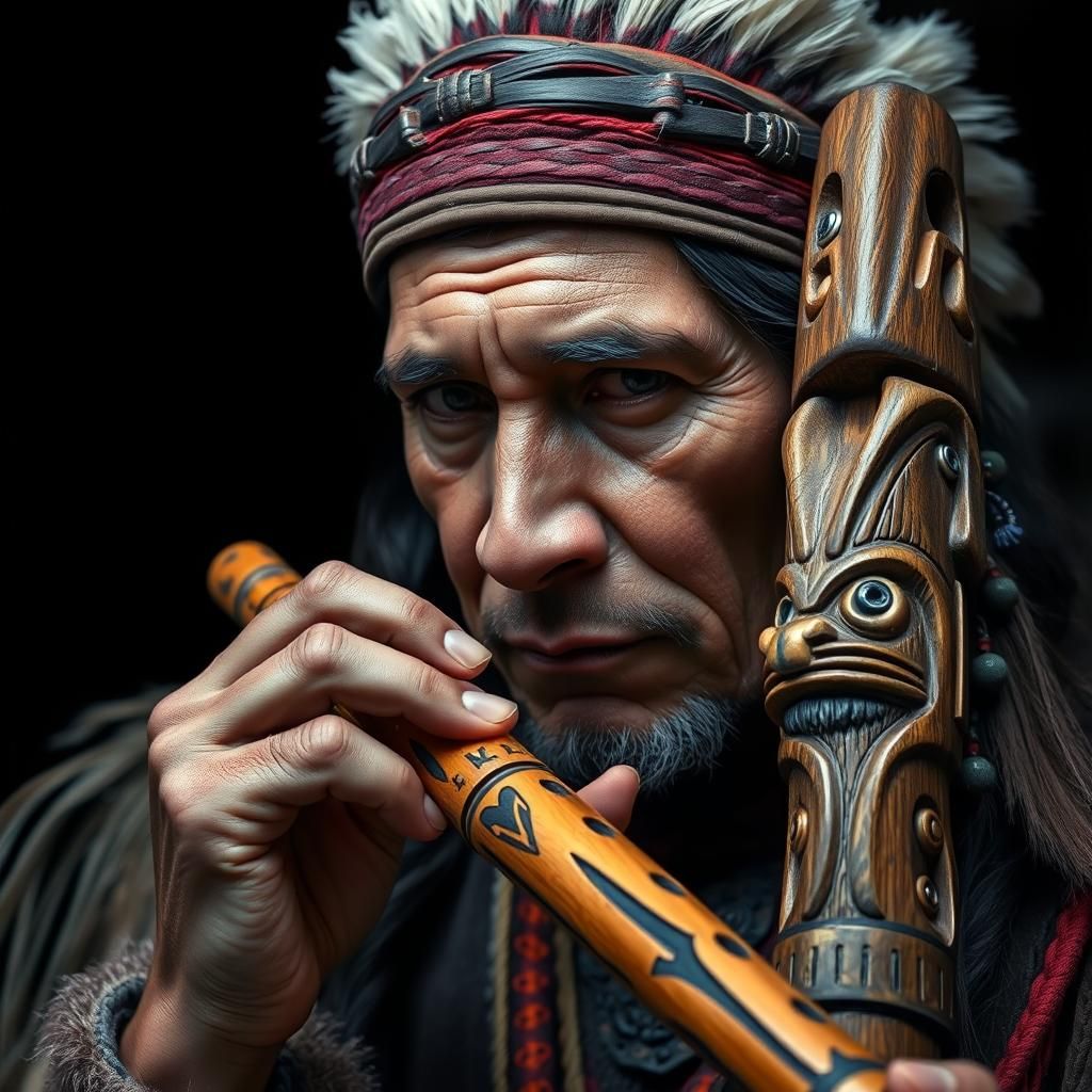 Native American Man Carving Flute: Digital Illustration