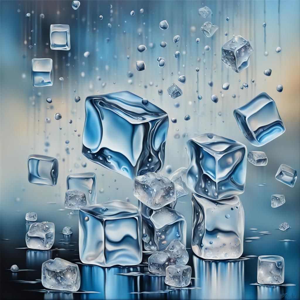 Abstract Ice Cubes in Freezing Rain: Surrealist Matte Painti...