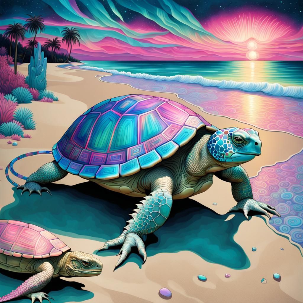 Neon Turtle Walks Iguana on Neptune, Art Deco Style