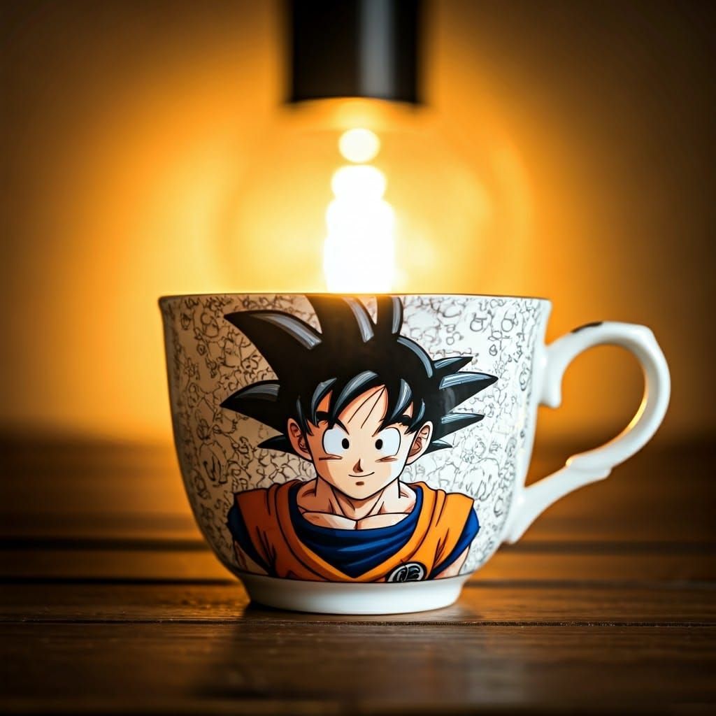 Goku Adorns Ornate Teacup in Anime Style