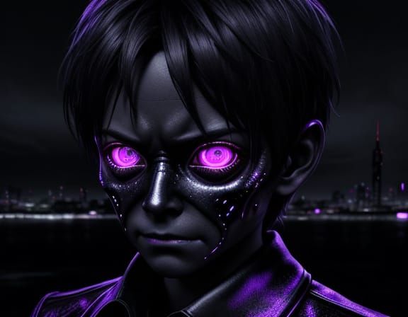 Creepy Boy with Hypnotic Eyes in Neon City