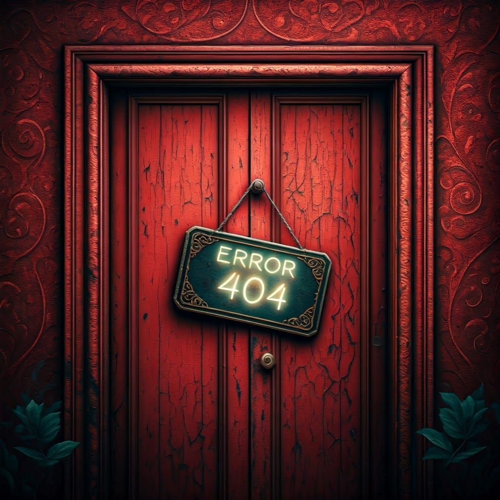 Mystical Wooden Door with Error 404 Sign in a Dreamlike Envi...